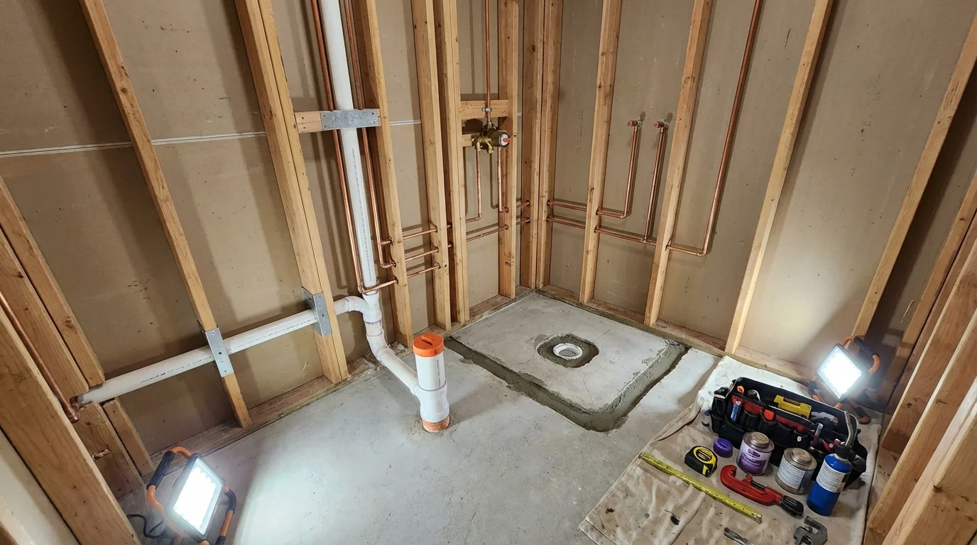 Bathroom rough-in plumbing during remodel by Johns Plumbing LLC in Port Barre