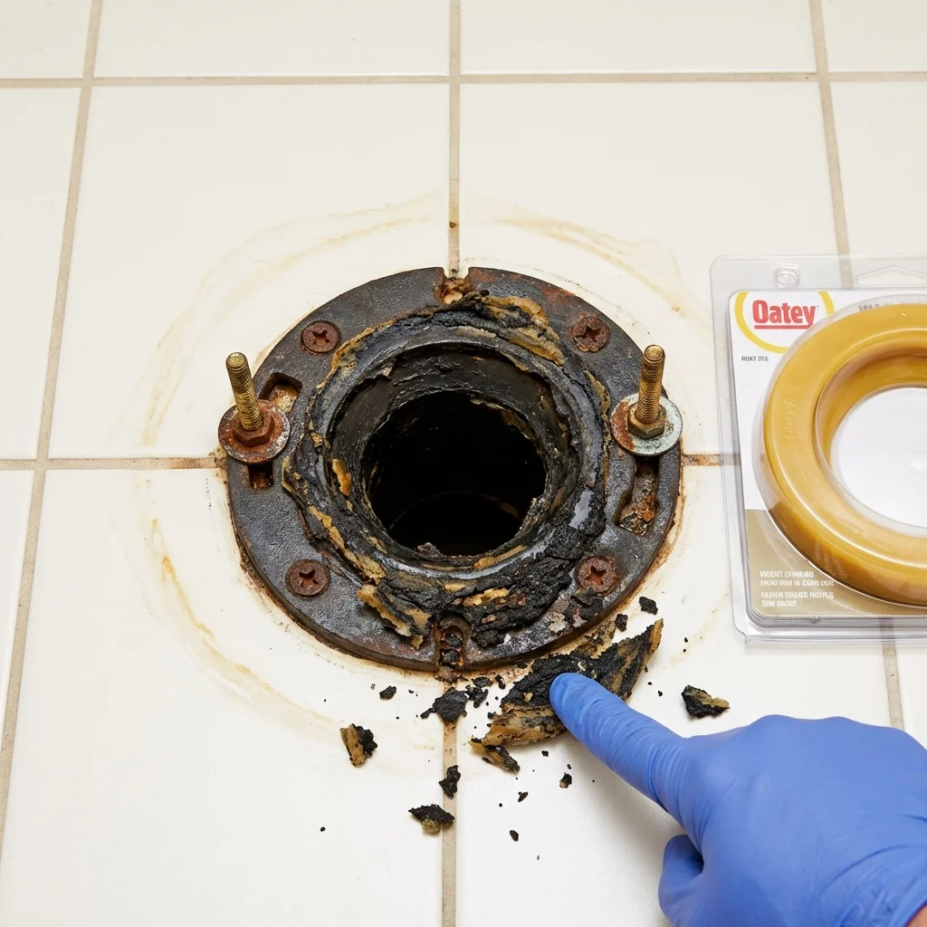 Failed wax ring showing water seepage at the base of a toilet in a Port Barre, LA home