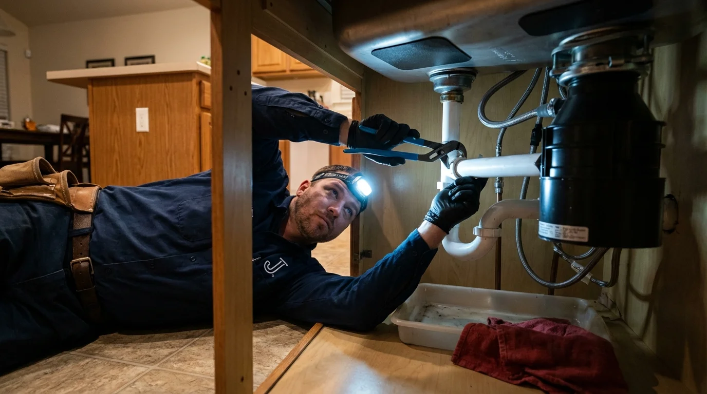 P-trap and supply line connections under a kitchen sink showing a common leak point in Port Barre, LA